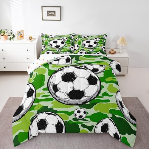 Castle Fairy Football Sports Comforter Set Toddler Size for Kids Soccer American Ball Games Bedding Sets All Season Green Camouflage Quilt Set Bedroom Decor Hexagon Geometric Down Comforter,2Pcs