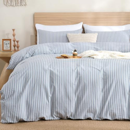 TOCOMOA Blue Striped Duvet Cover Set 100% Washed Cotton Like Linen, Queen