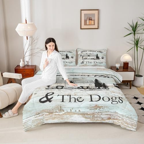 Manfei Happy Camping Comforter Set King Size, Camper Truck Bedding Set 3pcs for Kids Boy Girls Room Decor, Adventure Theme Dog Lover Quilt Set Rustic Farmhouse Duvet Set with 2 Pillowcases