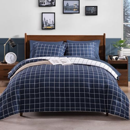 Plaid Queen Comforter Set Dark Blue 7 Pieces Reversible Bed in a Bag