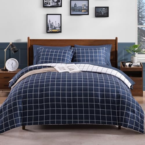 Plaid Full Size Comforter Set Dark Blue 7 Pieces Reversible Bed in a Bag