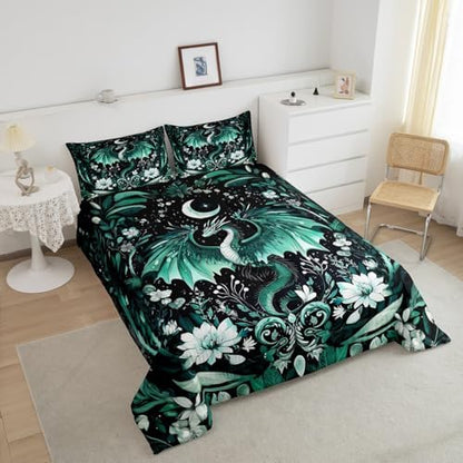 Feelyou Kids Dragon Comforter Set King Size, Green Dragon Bedding Set Dragon Lovers Comforter for Kids Boys Girls Boho Duvet Insert Room Decor 3Pcs