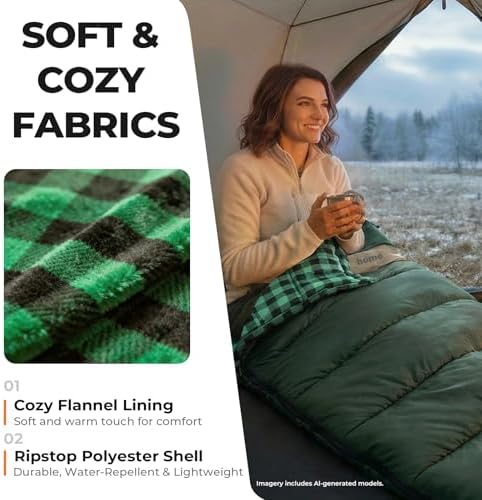 Cotton Flannel XXL Winter Sleeping Bags for Adults Big and Tall,Cold Weather 90x39 Inch Camping Sleep Bag,Waterproof Machine Washable 4 Season Outdoor Camping Gear,2-Way Zipper