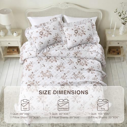 HORIMOTE HOME Khaki Ruffled Quilt Queen Size with 2 Pillow Shams, Shabby Chic Floral Printed Reversible Bedspread Coverlet, Soft Lightweight Comforter Bed Cover for All Season, 3 Pieces, 90x96 inches