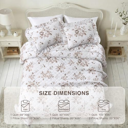 HORIMOTE HOME Khaki Ruffled Quilt Queen Size with 2 Pillow Shams, Shabby Chic Floral Printed Reversible Bedspread Coverlet, Soft Lightweight Comforter Bed Cover for All Season, 3 Pieces, 90x96 inches