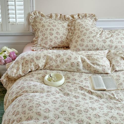 VM VOUGEMARKET Ruffle Duvet Cover Full Shabby Chic Pink Floral Bedding Set,Soft, Breathable Muslin Cotton Linen Like Gauze Comforter Cover with Zipper Closure