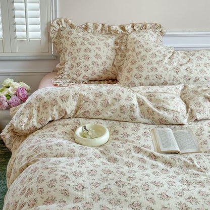 VM VOUGEMARKET Ruffle Duvet Cover Full Shabby Chic Pink Floral Bedding Set,Soft, Breathable Muslin Cotton Linen Like Gauze Comforter Cover with Zipper Closure