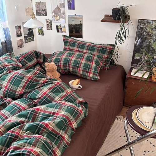 mixinni Vintage Green Buffalo Plaid Washed Cotton Duvet Cover King - Soft Breathable Textured Bedding Set with Zipper Closure for All Seasons-1 Duvet Cover + 2 Pillow Shams-King Size