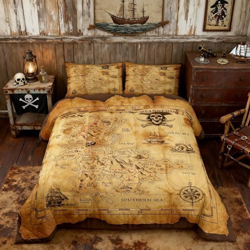 Nautical Map Comforter Set Twin Size,Pirate Boat Compass Bedding Set 2Pcs,Kids Boys Teens Adult Bedroom Decor Ocean Adventure Quilt Set Vintage Brown Duvet Insert with 1 Pillowcase
