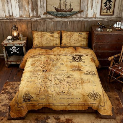 Castle Fairy Nautical Map Bedding Set King Size,Pirate Boat Compass Comforter Set 3Pcs,Kids Boys Teens Adult Bedroom Decor Ocean Adventure Quilt Set Vintage Brown Duvet Insert with 2 Pillowcases