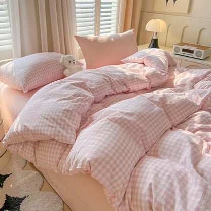 mixinni Light Pink Gingham Duvet Cover Set Queen Size - 100% Washed Cotton 3 Piece Plaid Checkered Bedding Set, Soft Comfy Grid Farmhouse Comforter Cover with Zipper Closure & Corner Ties