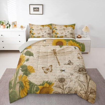 Dragonfly Bedding Sets Full Botanical Floral Comforter Set Sunflower Bedding for Boys Girls Vintage Style Duvet Insert Wild Animals Dragonfly Quilt Field Floral Fresh Natural Pastoral Spring Bedding