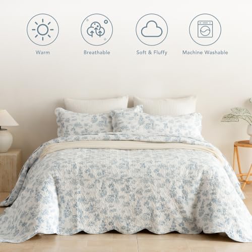 Lady Ann 100% Cotton Oversized King Bedspread 120x120, Light Blue Floral Pattern Printed Quilted Quilt Set with Scalloped Edge, 3 Pcs Extra Large Bed Bedding Set