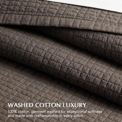 EverGrace 100% Cotton Modern Grid Stitch Quilt Set, King Size, Dark Brown