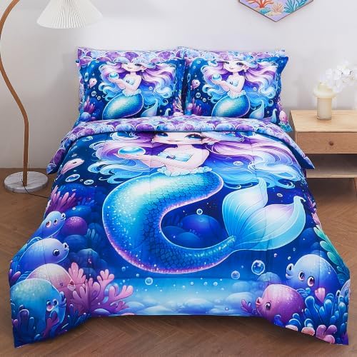 Viviland Kids Bedding Set Twin Size Comforter Sets, Bed in Mermaid Cover Set for Children