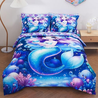 Viviland Kids Bedding Set Twin Size Comforter Sets, Bed in Mermaid Cover Set for Children