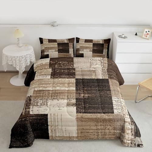 jejeloiu Modern Geometric Comforter Set King Size Brown Patchwork Texture Retro Bedding Set for Kids Boys Girls Modern Art Duvet Quilt Luxury Bedroom Decor Microfiber 3 Pcs with 2 Pillow Cases