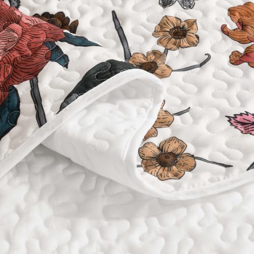 Litanika Floral White Quilt Queen - 3Pcs Botanical Birds Bed Set