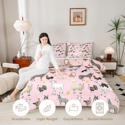 Feelyou Pink Farm Animal Comforter Set Toddler Size Cute Animal Bedding Set for Kids Boys Girls Farm Theme Duvet Quilt Cartoon Bedroom Decor 2 Pcs with 1 Pillow Cases