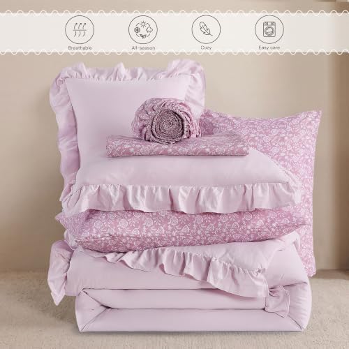 BLOOMHAVEN Full Size Comforter Sets-7 Pieces Ruffle Bedding Floral Sheet