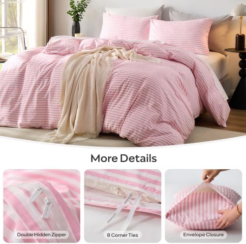 JELLYMONI 100% Cotton Printed Striped Cal King Duvet Cover Set, Pink