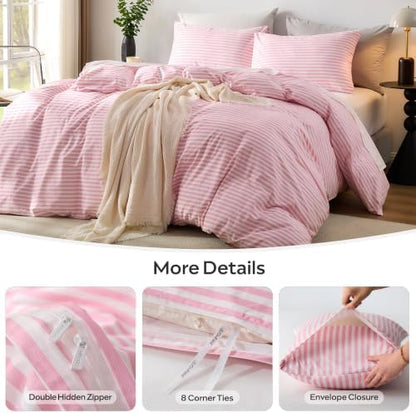 JELLYMONI 100% Cotton Printed Striped Cal King Duvet Cover Set, Pink