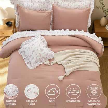 WONGS BEDDING 8PC Queen Comforter Set, Ruffle Comforter with Floral Sheets