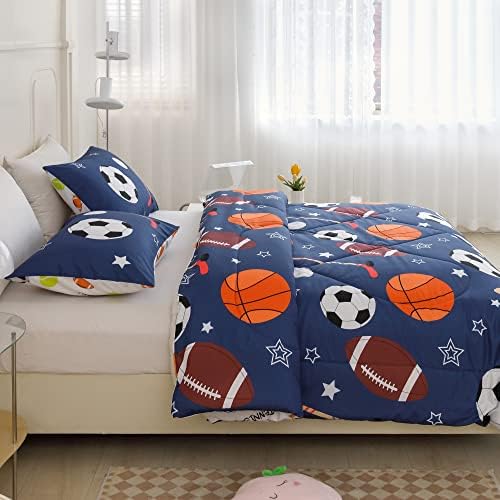 RYNGHIPY Blue Sports Bedding Set 3 Pieces Twin Balls Comforter Set for Kids