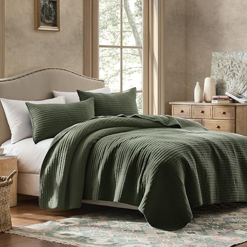 WDCOZY 100% Cotton Queen Size Quilt Set, Channel Pick Stitch, Olive Green