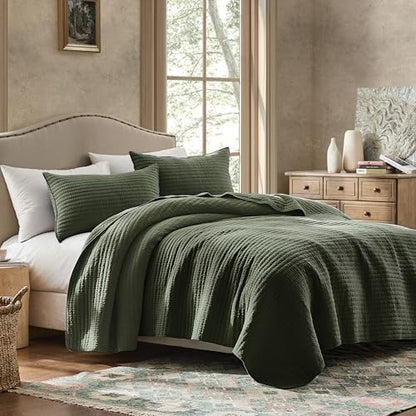 WDCOZY 100% Cotton Queen Size Quilt Set, Channel Pick Stitch, Olive Green