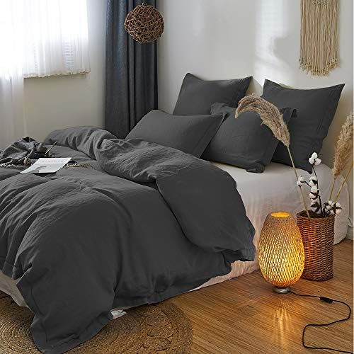 Simple&Opulence 100% French Linen Euro Shams with Embroidery (26'' x 26'') - Pack of 2 - Pre Washed Solid Color Natural Flax Soft Breathable - Dark Grey