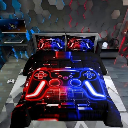 Gamer Comforter Set Gaming King Bedding Set, Neon Lights Video Game Console Comforter Red Blue Brick Cube Duvet Insert,Gaming Room Decor for Boys