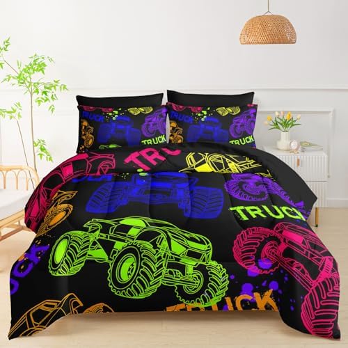 QOOMO Black Truck 7 Pieces Comforter Set Queen,Cars Bedding Set for Kids