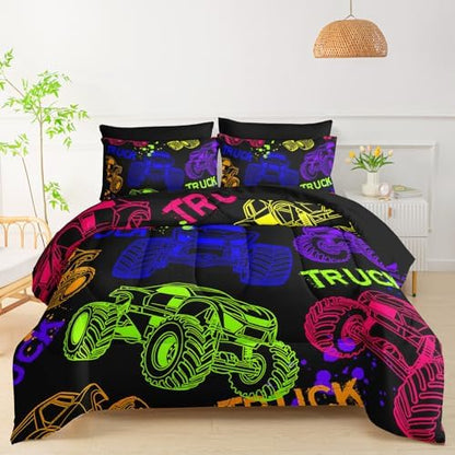 QOOMO Black Truck 7 Pieces Comforter Set Queen,Cars Bedding Set for Kids