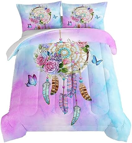 HOSIMA Boho Bedding Dream Catcher Comforter Bed in A Bag King Size with 2 Pillowcases,Butterfly Bed Set Room Decor for Teen Girls,Feather Floral King Bedding Set for Adults Kids.