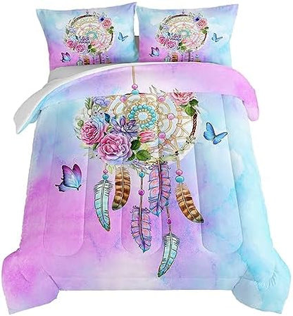 HOSIMA Boho Bedding Dream Catcher Comforter Bed in A Bag King Size with 2 Pillowcases,Butterfly Bed Set Room Decor for Teen Girls,Feather Floral King Bedding Set for Adults Kids.