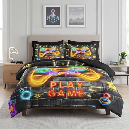 WeCozy Queen Size Gaming Comforter Set, Video Game Gamepad 7 Pcs Bedding for Kids and Teens, Game-Themed Gamer Boys Room Decor with Flat, Fitted Sheet