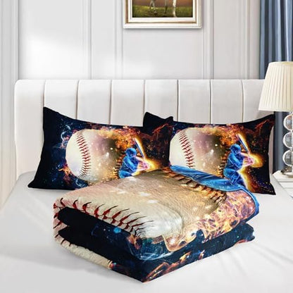 Axolotl 3D Baseball Comforter Set King,Sports Bedding,Red Blue Water Fire Comforter Set,Sports Baseball Loveer Bedding,Ball Sport Game Quilt for Kids Boys Teens Adults,1 Quilt 2 Pillowcases