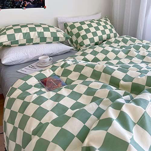 Wellboo Green and White Comforter Sets Twin Women Men Sage Green Checkerboard Grid Bedding Comforters Cotton Boys Girls Modern Grass Green Plaid Checkered Quilts Modern Buffalo Geometric Abstract Bed