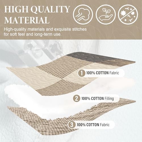 SahSahCasa 120"x102" 100% Cotton Oversized Queen Bedspread Coverlet Quilt Set, Queen Quilted Bedspread Extra Large Quilt, XL Bed Spread Lightweight Comforter, 3pc, Charcoal/Beige/Brown