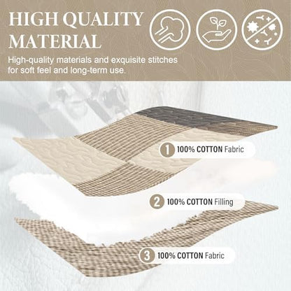 SahSahCasa 120"x102" 100% Cotton Oversized Queen Bedspread Coverlet Quilt Set, Queen Quilted Bedspread Extra Large Quilt, XL Bed Spread Lightweight Comforter, 3pc, Charcoal/Beige/Brown