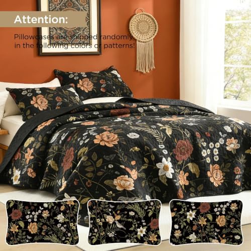 Litanika Floral Black Quilt King - 3Pcs Summer Boho Bedding Set