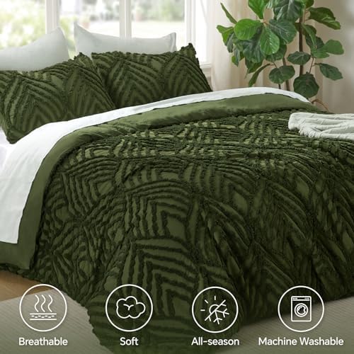 BEDELITE Boho Comforter Set Queen - Tufted Boho Bedding Set, Green