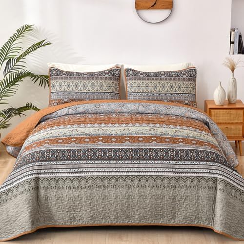 WONGS BEDDING Boho King Quilt Bedding Set, 3 Pieces Bedspread, Brown Grey