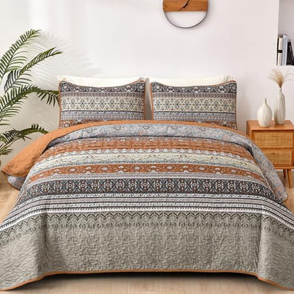 WONGS BEDDING Boho King Quilt Bedding Set, 3 Pieces Bedspread, Brown Grey