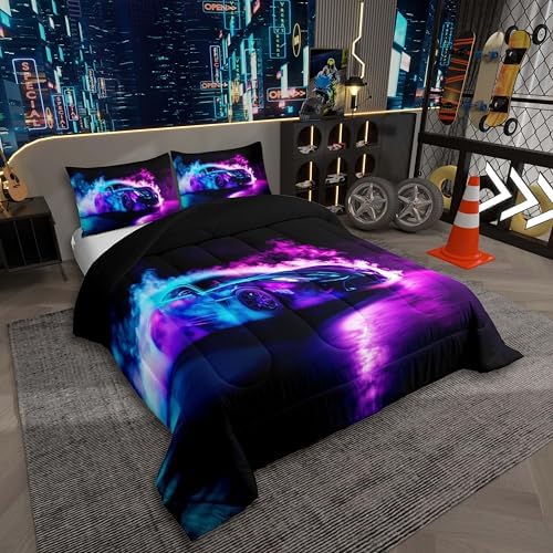 Toddler Comforter Set Boys Room Decor,Cars Bedding Cars Birthday Decorations,Purple Blue Race Car Comforter,Cool Racing Car Duvet Insert for Boys,Extreme Sports Car Gaming for Men Adults,Soft Cozy