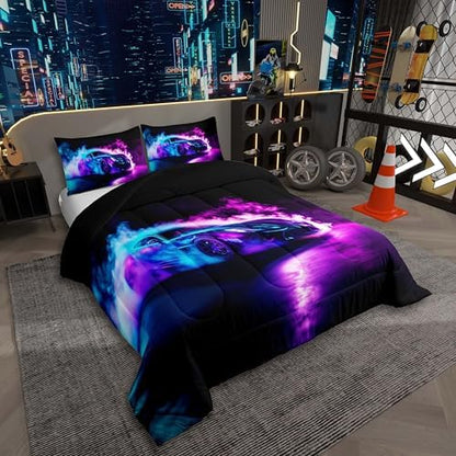 Toddler Comforter Set Boys Room Decor,Cars Bedding Cars Birthday Decorations,Purple Blue Race Car Comforter,Cool Racing Car Duvet Insert for Boys,Extreme Sports Car Gaming for Men Adults,Soft Cozy
