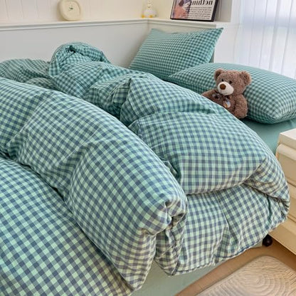 mixinni Dark Green Gingham Comforter Set King, Plaid Comforter Set 3 Pieces 1 Teal Grid Comfoter with 2 Pillow Cases for All Seasons, Soft Fluffy Modern Grid Pattern Printed Bedding-King Size