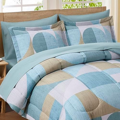 Geometric Comforter Set Full Size with Sheets Bed in a Bag – Deep Pocket Fitted Sheet with Elastic Corners, Cozy Comforter, Pillowcases & Shams – Soft Microfiber All Season Bedding – Machine Washable