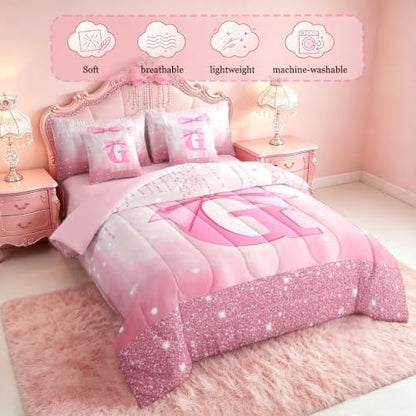Feelyou Kids Pink Bowknot Bed in A Bag King Size, Personalized Initial G Comforter Set with Sheets Princess Glitter 7 Pieces Bedding Set Boys Girls Bow Alphabet Teens Bed Set Bedroom Decor 7Pcs